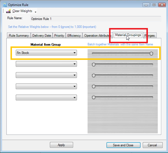 Choose Fin Stock from the Material Groupings Drop-Down menu.