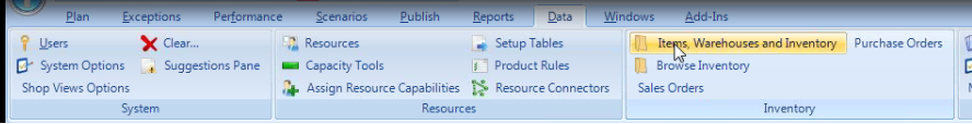 Click "Items, Warehouses and Inventory" from the Data tab
