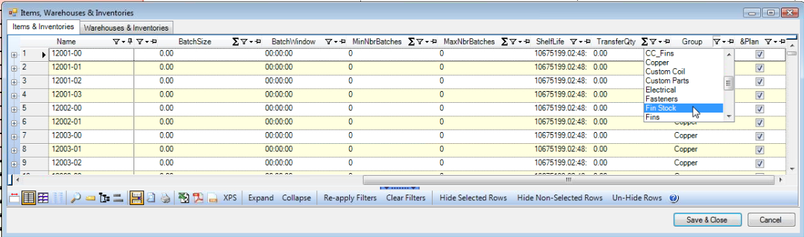 "Fin Stock" material grouping