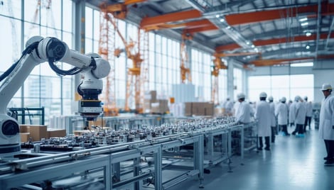 The image depicts a modern manufacturing facility with a wide view of the production The Role of Supply Chain in Fast-Growing Emerging Markets: Insights for Medical Manufacturing-PlanetTogether