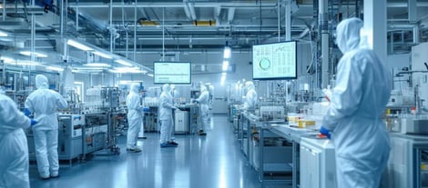 The image depicts a hightech manufacturing facility, specifically focused on medical manufacturing-1