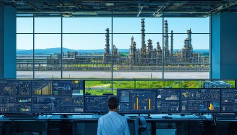 The image depicts a modern chemical manufacturing facility, showcasing a blend of advanced technology and sustainable practices