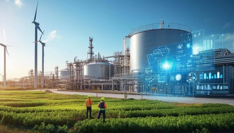 The image depicts a modern chemical manufacturing facility, showcasing a sprawling plant with large storage tanks and machinery-2