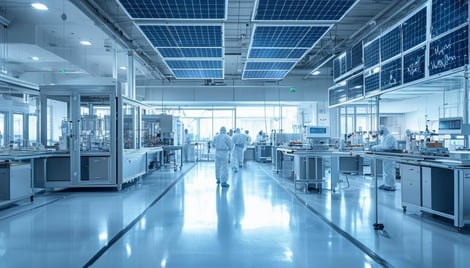 The image depicts a modern medical manufacturing facility, featuring sleek, energyefficient machinery and advanced robotics engaged in precise product-3