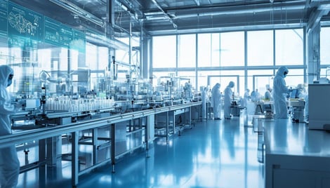 The image depicts a modern pharmaceutical manufacturing facility with multiple interconnected production lines, each bustling with activity-2