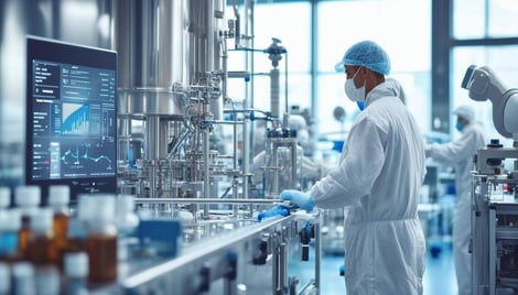 The image depicts a modern pharmaceutical manufacturing facility, showcasing a sleeImprove Pharmaceutical Manufacturing with Supply Chain Digital Twins-PlanetTogether