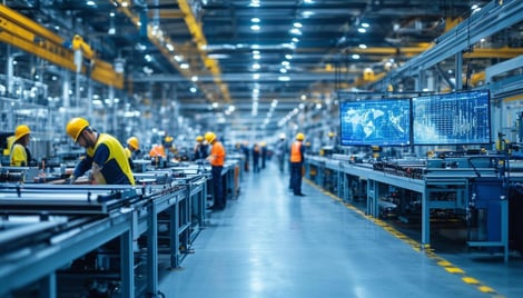 The image depicts an industrial manufacturing facility bustling with activity